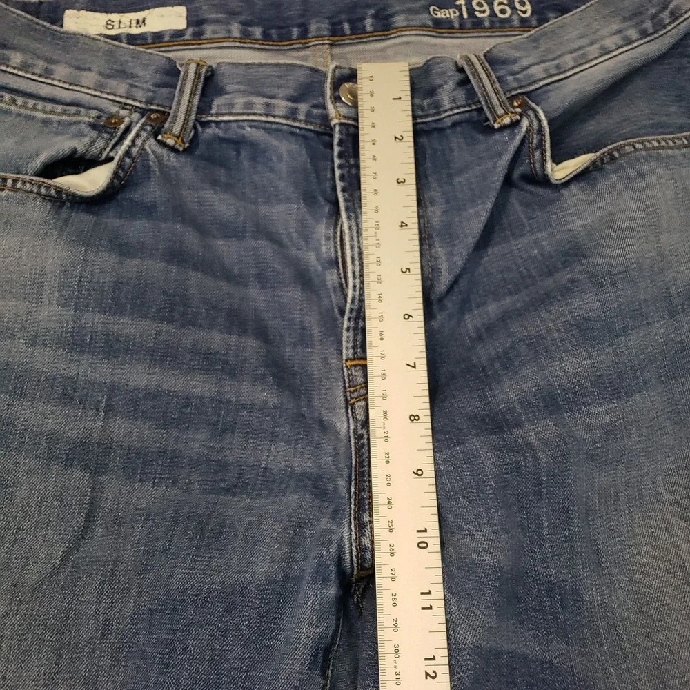 Gap 1969 Slim Jeans Mens 38x30 Blue Medium‎ Wash Cotton Denim Distressed Hem